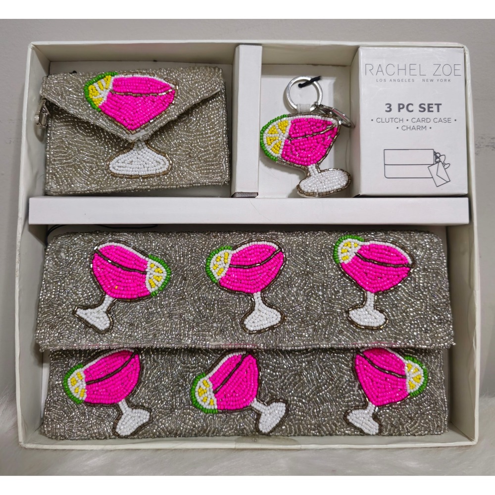 Rachel Zoe 3 Piece Beaded Martini Glass Clutch Card Case Keychain Set NWT